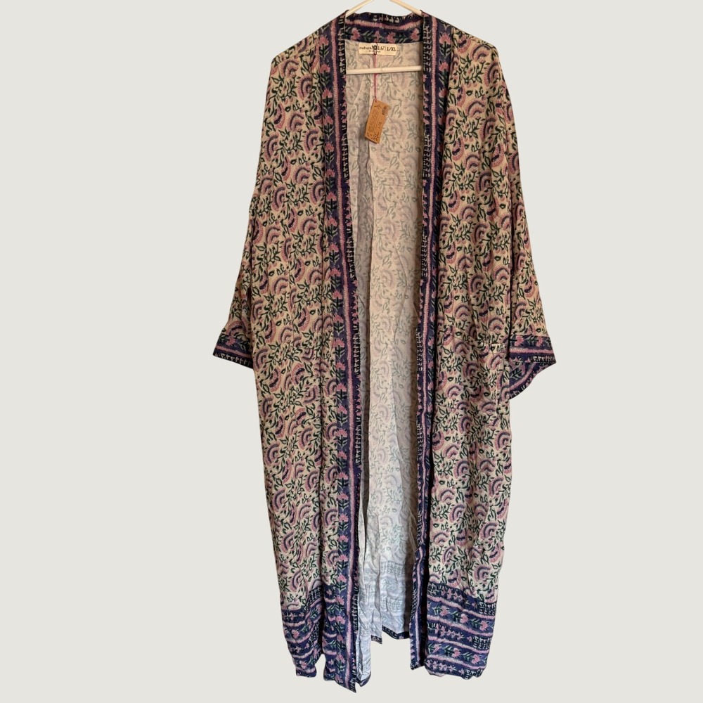 Natural Life Kimono Women L/XL Pink Floral NEW Boho Longline Duster Robe Pockets